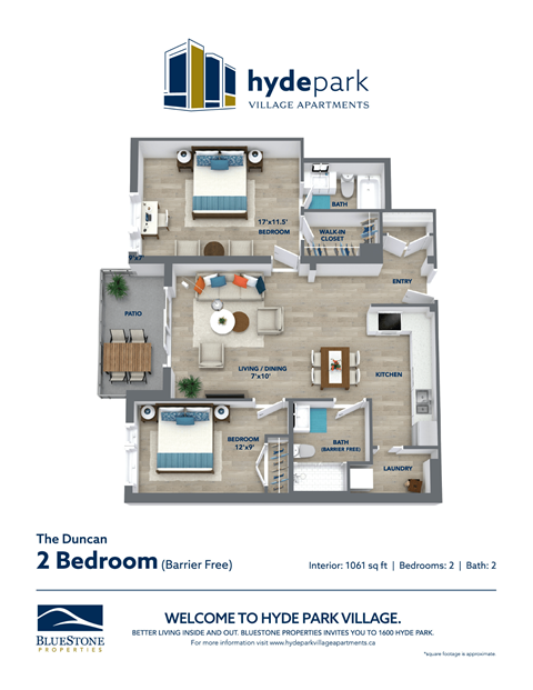 Floor plan for 2 beds, 2 baths, 1061 sqft
